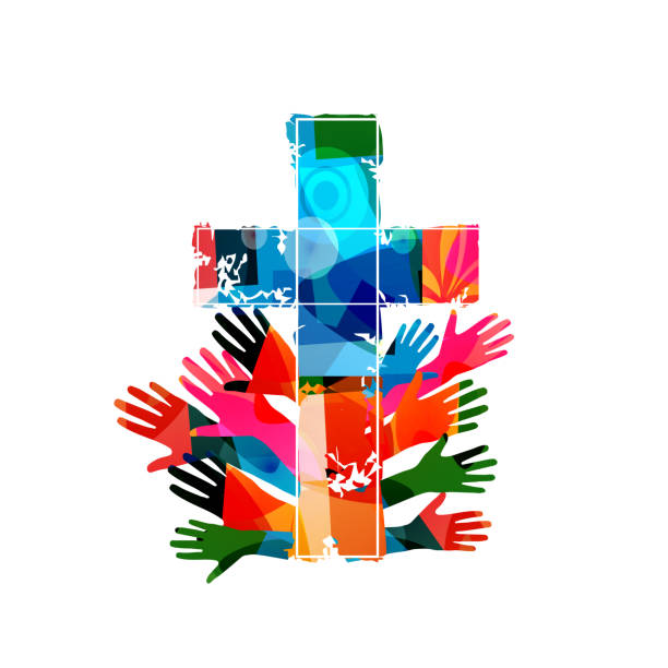 istock Colorful christian cross with human hands isolated vector illustration. Religion themed background. Design for Christianity, church charity, help and support, prayer and care 1271492726