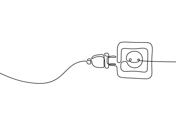Electrical plug and socket Plug inserting into electric outlet in continuous line art drawing style. Power plug and socket minimalist black linear design isolated on white background. Vector illustration wired stock illustrations