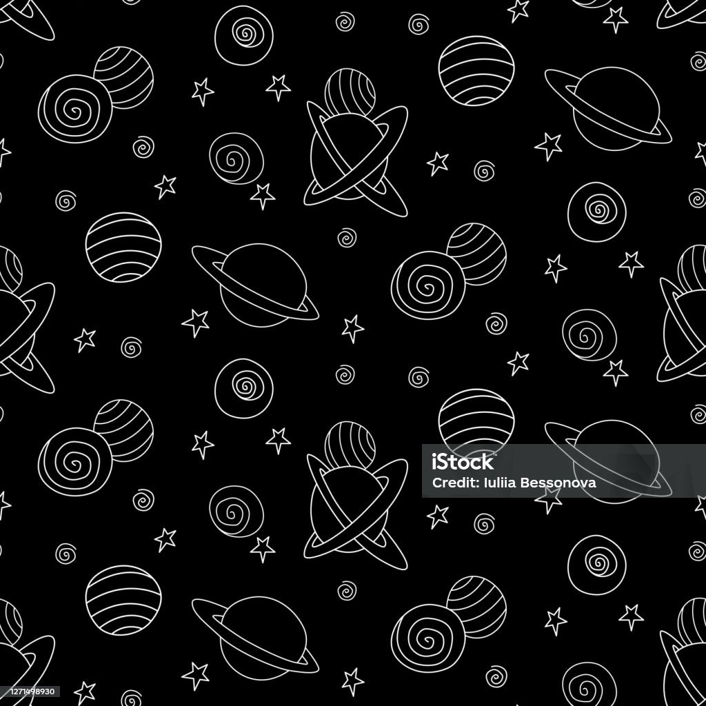Dark Space Seamless Pattern White Outline Planets And Stars On Black  Background Vector Cosmic Texture For Kids Design Fabric Wrapping Paper  Cover Wallpaper Textile Apparel Stock Illustration - Download Image Now -  iStock