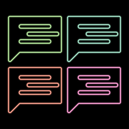 Glowing neon line Speech bubble chat icon isolated on black background. Message icon. Communication or comment chat symbol. Colorful outline concept. Vector Illustration