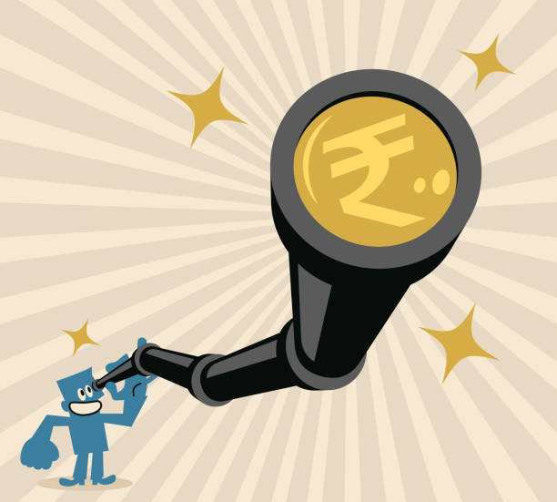 Businessman looking through a hand-held telescope with Indian Rupee currency Blue Little Guy Characters Full Length Vector Art Illustration.
Businessman looking through a hand-held telescope with Indian Rupee currency. rupee coin stock illustrations