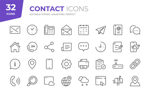 Contact Line Icons. Editable Stroke. Pixel Perfect. 32 Contact Outline Icons - Adjust stroke weight - Easy to edit and customize science and technology icons stock illustrations