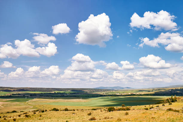 Panorama blue sky with white cloud background on an autumn field stock photo