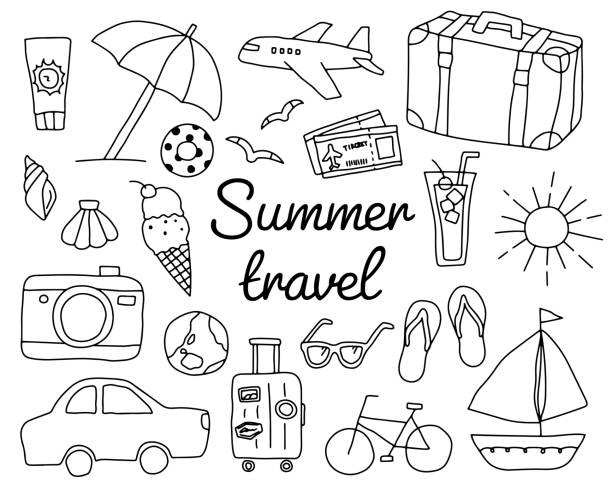 Set of hand drawn illustrations of travel items Set of hand drawn illustrations of travel items flip flop sandal beach isolated stock illustrations