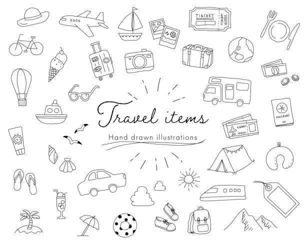 Set of hand drawn illustrations of travel items Set of hand drawn illustrations of travel items flip flop sandal beach isolated stock illustrations