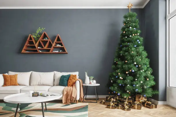 Large christmas tree and christmas presents in a modern living room.