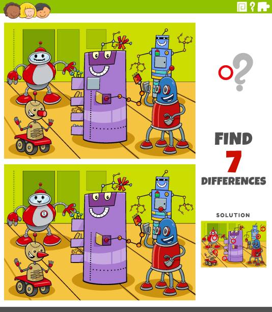 differences educational game with robot characters Cartoon Illustration of Finding Differences Between Pictures Educational Game for Children with Comic Robot Characters electronic work book stock illustrations