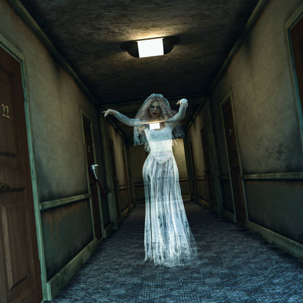 A creepy and spooky hotel corridor haunted by a female ghost A creepy and spooky hotel corridor haunted by a female ghost in bride dress, 3d render.  Concept of Halloween horror. scary bride stock pictures, royalty-free photos & images