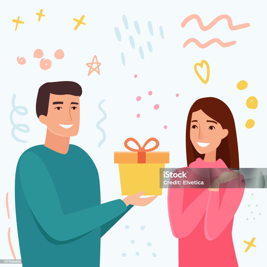 Man Take Gift For Woman Stock Illustration - Download Image Now - Gift,  Cartoon, Exchanging - iStock
