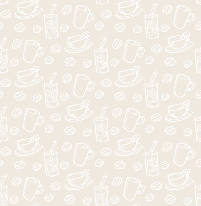 Seamless pattern coffee mug and coffee beans in vintage style