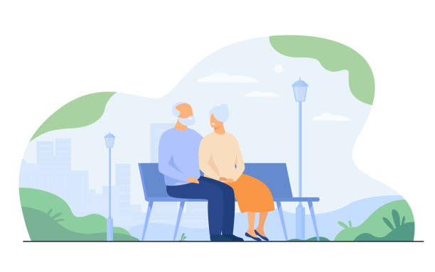 Happy senior couple sitting on bench in park Happy senior couple sitting on bench in park isolated flat vector illustration. Cartoon old characters relaxing together on nature. Family and retirement concept aging process illustrations stock illustrations