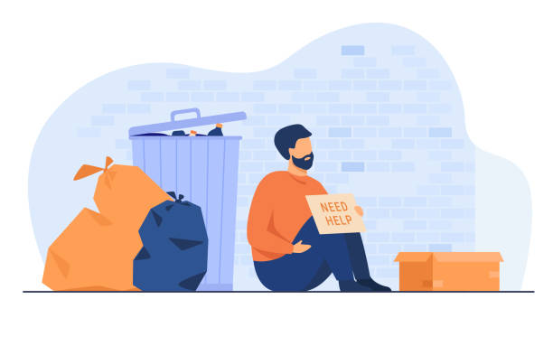 Homeless dirty man sitting on ground with nameplate need help Homeless dirty man sitting on ground with nameplate need help isolated flat vector illustration. Cartoon desperate poor person sitting on street near trash. Charity and unemployment concept poverty illustrations stock illustrations