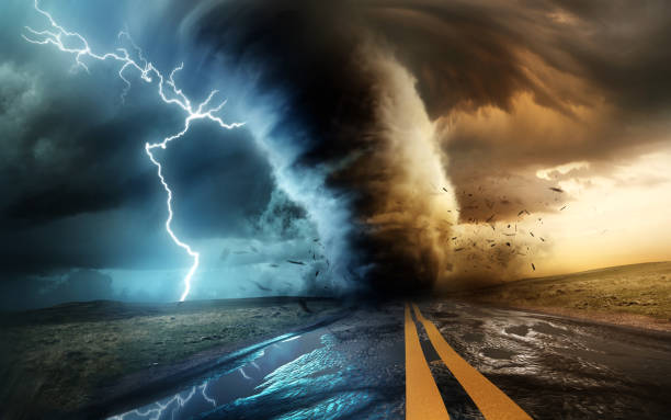 Powerful Tornado And Storm With Lightning A dramtic and powerful tornado and supercell thunder storm passing through some isolated countryside at sunset. Mixed media landscape weather3d illustration. cyclone photos stock pictures, royalty-free photos & images