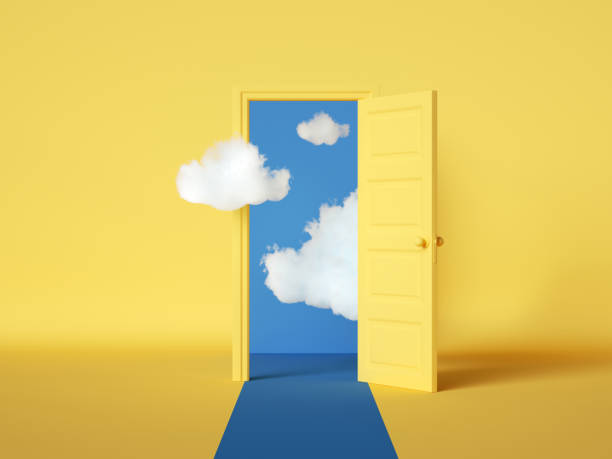 istock 3d rendering, white clouds flying out and going through the open door, objects isolated on bright yellow background. Abstract metaphor, modern minimal concept. Surreal dream scene 1271512029