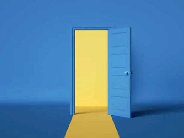 Photo of 3d render, yellow light inside the open door isolated on blue background. Room interior design element. Modern minimal concept. Opportunity metaphor.