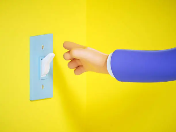 3d render, cartoon character hand is going to turn on off the light using the electrical switcher on the yellow wall. Economical consumption of electricity