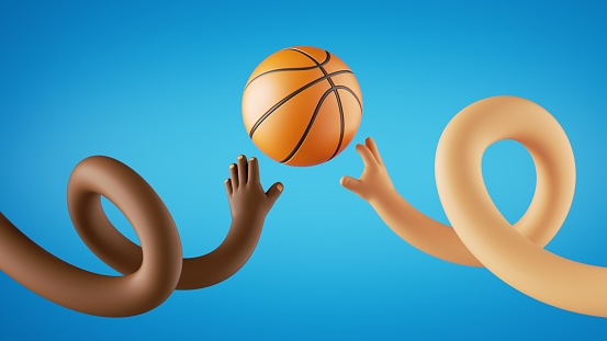 3d render, funny cartoon characters play basketball game, african and caucasian hands throw ball. Sportive clip art isolated on blue background.