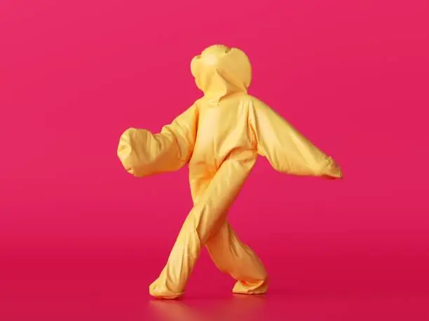 3d render, man wearing yellow halloween costume of a fortune cookie or dumpling, cartoon character walking or dancing, isolated on pink background, active posing. Funny mascot