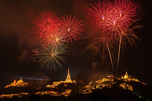 Fireworks at the annual event of Phra Nakhon Khiri, Phetchaburi province, Thailand. stock photo