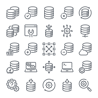 Database related line icon set. Server and backup linear icons. Hosting and web storage outline vector sign collection.