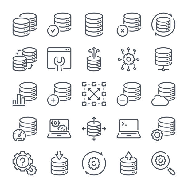 Database related line icon set. Server and backup linear icons. Hosting and web storage outline vector sign collection. Database related line icon set. Server and backup linear icons. Hosting and web storage outline vector sign collection. database stock illustrations