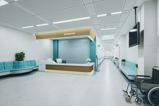 Interior of an empty modern hospital entrance hall.