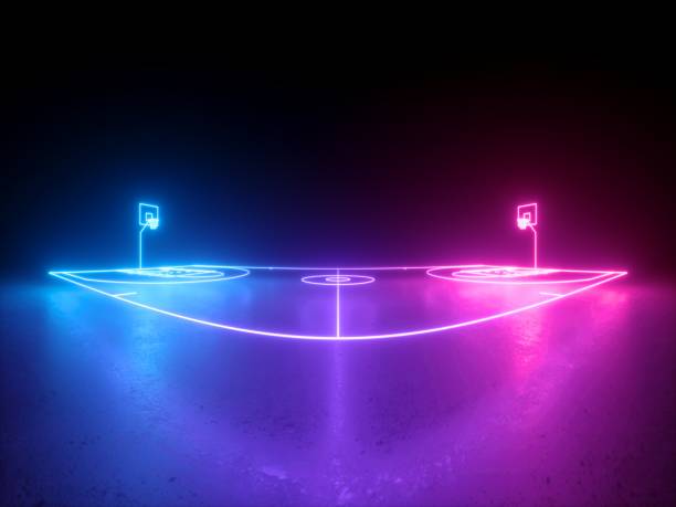 istock 3d render, neon basketball field scheme wide screen side view, virtual sport playground, sportive game, pink violet blue glowing line. Isolated on black background. 1271513518
