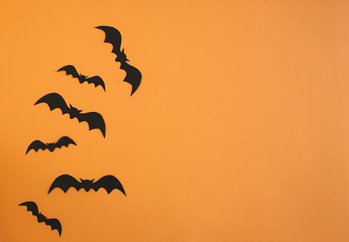 Paper bats flying on orange background. Halloween decoration