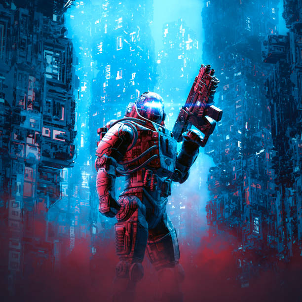 Cyberpunk soldier city patrol 3D illustration of science fiction military robot warrior patrolling night time dystopian streets dystopia concept stock pictures, royalty-free photos & images