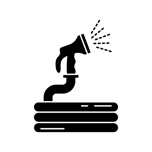 Silhouette of Garden hose with water spray. Silhouette of Garden hose with water spray. Outline icon of folded flexible rubber hose with plastic cap for irrigation. Black illustration for horticulture. Flat isolated vector on white background garden hose stock illustrations