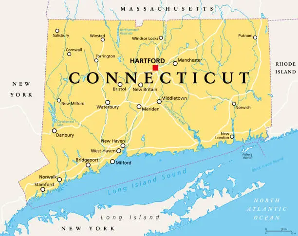 Vector illustration of Connecticut, political map, State of Connecticut, CT