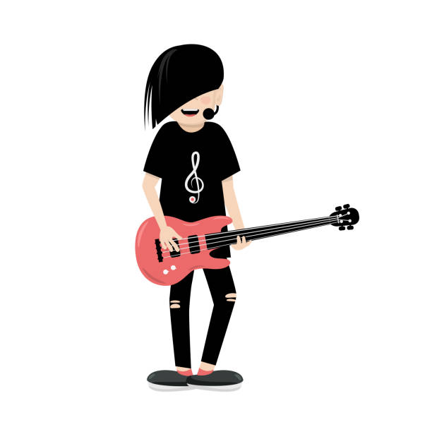 Singing Emo Guitar Player Singing Emo Guitar Player Isolated on White Background. Vector Bass Guitarist - Rocker Cartoon. emo hair guys stock illustrations