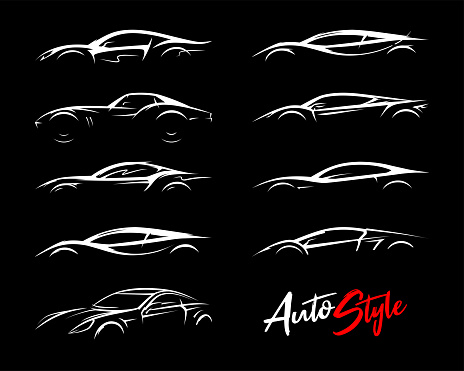 Concept sports car silhouettes set. Performance motor vehicle icons. Supercars sign. Auto style dealer transport profile vector illustrations.
