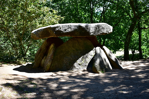 Riveira, A Coruña Province, Galicia Region, Spain. Prehistoric megalithic Dolmen de Axeitos, neolithic stone structure used as a tomb and dated 4000-3600 BC.