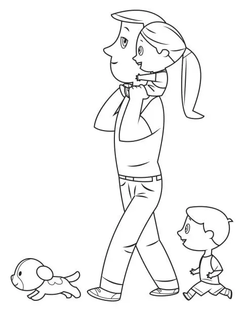 Vector illustration of Black And White, Father and children walking together