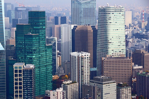 Sapporo, Japan - May 30, 2023: View looking southeast from the Sapporo TV Tower. Residential buildings fill Chuo Ward near the Toyohira River. Spring morning in Hokkaido Prefecture.