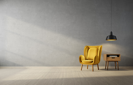 Modern design interior mockup with yellow armchair. Scandinavian furniture. 3d illustration