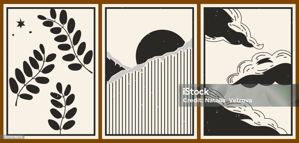Set Of Three Abstract Minimalist Aesthetic Backgrounds With Sun Mountains  Clouds Plants Dots Thin Lines Stock Illustration - Download Image Now -  iStock