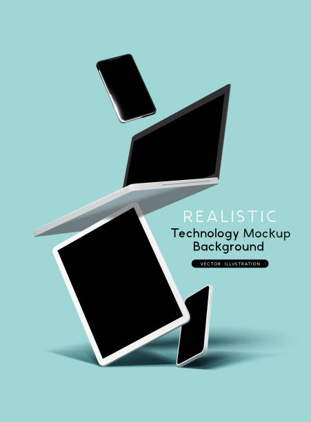 realistische schwimmende telefon computer tablet-technologie-geräte - laptop stock-grafiken, -clipart, -cartoons und -symbole