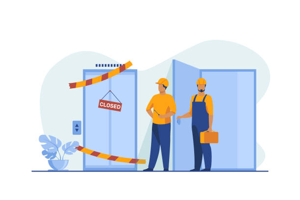 Workers in overalls standing near closed broken elevator Workers in overalls standing near closed broken elevator. Repairmen, engineers, technicians flat vector illustration. Public utility, service concept for banner, website design or landing web page landing touching down stock illustrations