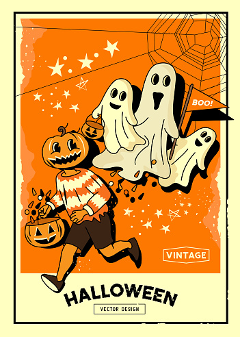 Spooky vintage halloween event layout background with trick or treat characters and ghosts. Vector background illustration.