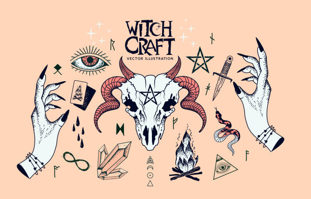 Witchcraft Elements And Traditional Symbols A collection of witchcraft signs and traditional symbols. Hand craft elements with crystals, a ram skull, witch hands, spells and charms. mystery illustrations stock illustrations