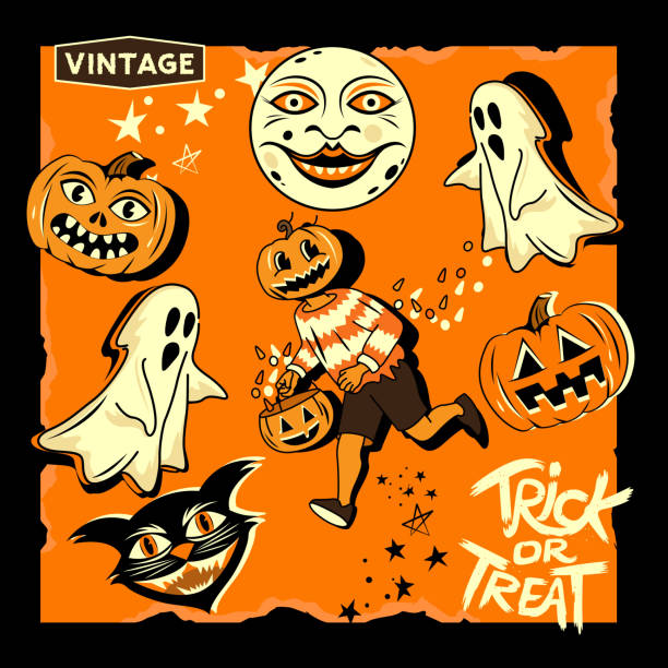 ilustraciones, imágenes clip art, dibujos animados e iconos de stock de personajes y símbolos de eventos de halloween vintage - fantasma ilustraciones