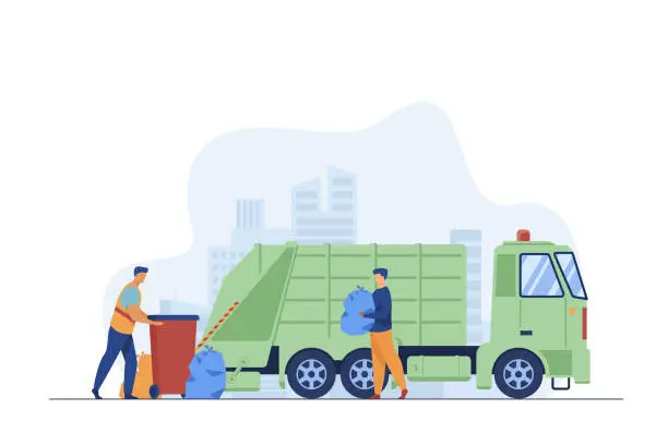 Vector illustration of Trash pickup worker cleaning dustbin