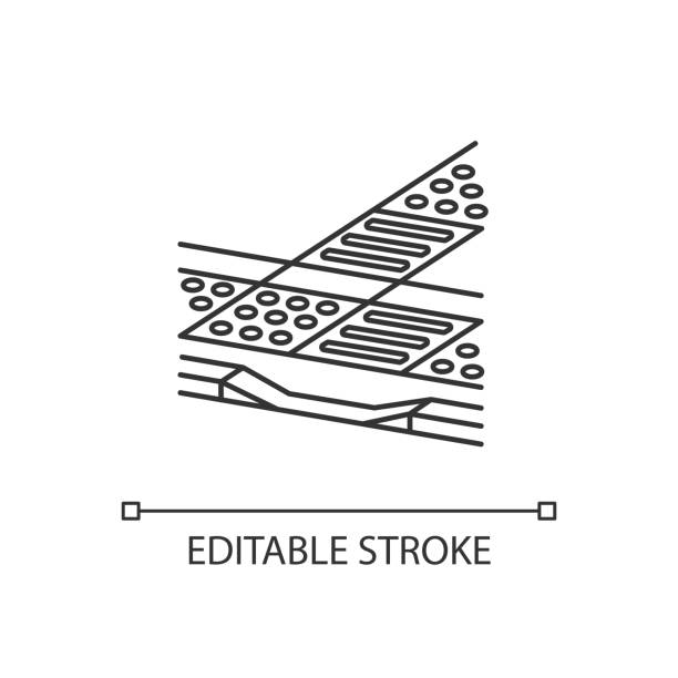 Tactile guidance linear icon Tactile guidance linear icon. Tenji blocks. Truncated domes. Detectable warning surfaces. Thin line customizable illustration. Contour symbol. Vector isolated outline drawing. Editable stroke sidewalk icon stock illustrations