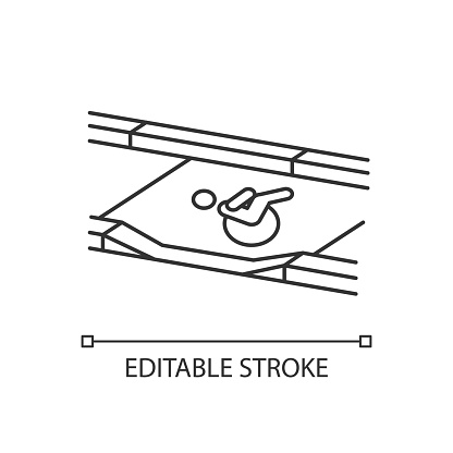 Dropped kerb linear icon. Curb cut. Access between street and sidewalk. Wheelchair user. Driveway. Thin line customizable illustration. Contour symbol. Vector isolated outline drawing. Editable stroke
