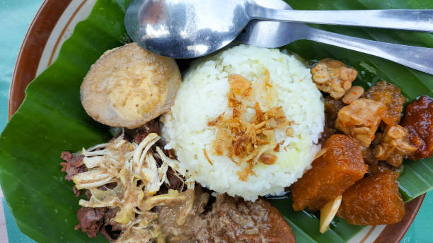 Nasi Gudeg Krecek, traditional Food From Yogyakarta Indonesia, Made From Jake fruit served with chicken meat, egg and tofu Nasi Gudeg Krecek, traditional Food From Yogyakarta Indonesia, Made From Jake fruit served with chicken meat, egg and tofu gudeg stock pictures, royalty-free photos & images