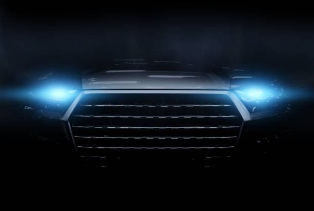 Blue car xenon lamp headlight whit lens flare.