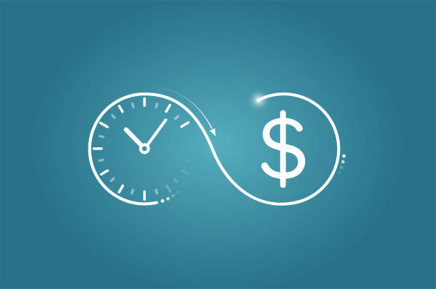 ilustraciones, imágenes clip art, dibujos animados e iconos de stock de logotipo vectorial de un reloj que fluye hacia el símbolo del dólar - tiempo