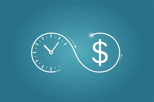 ilustraciones, imágenes clip art, dibujos animados e iconos de stock de logotipo vectorial de un reloj que fluye hacia el símbolo del dólar - el tiempo es dinero